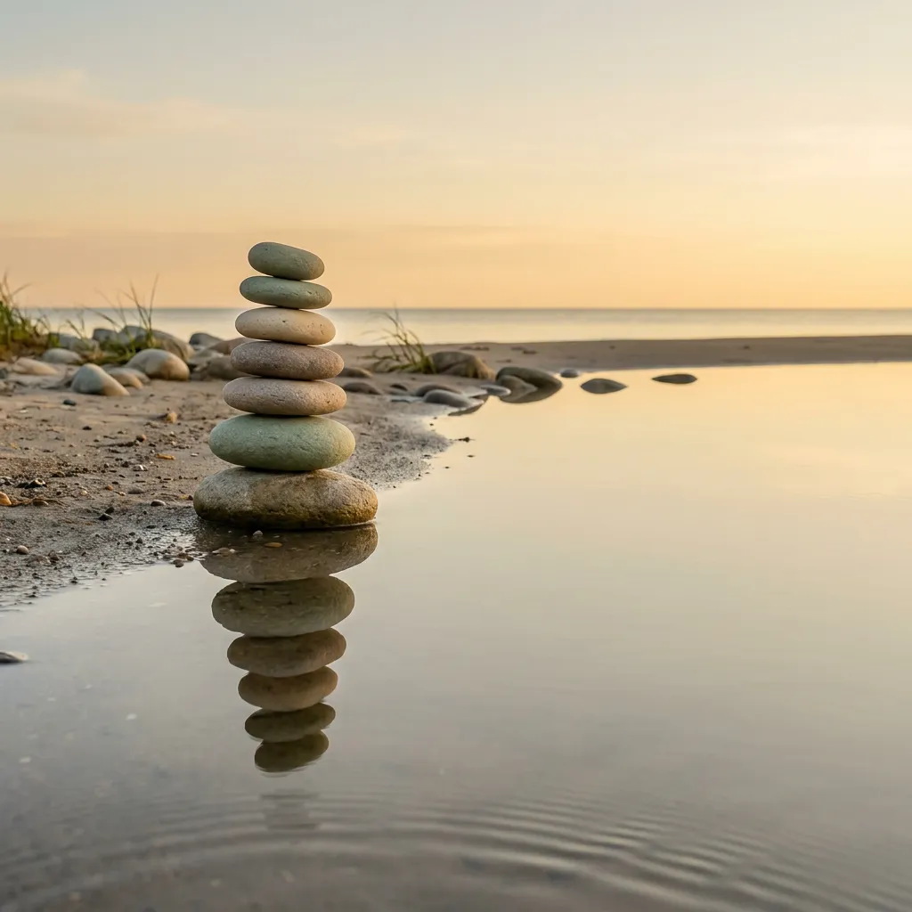 Restore Balance — balanced stones on calm shore